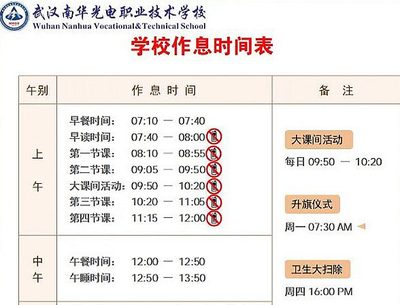 武汉南华光电职业技术学校关于调整学校作息时间通知！